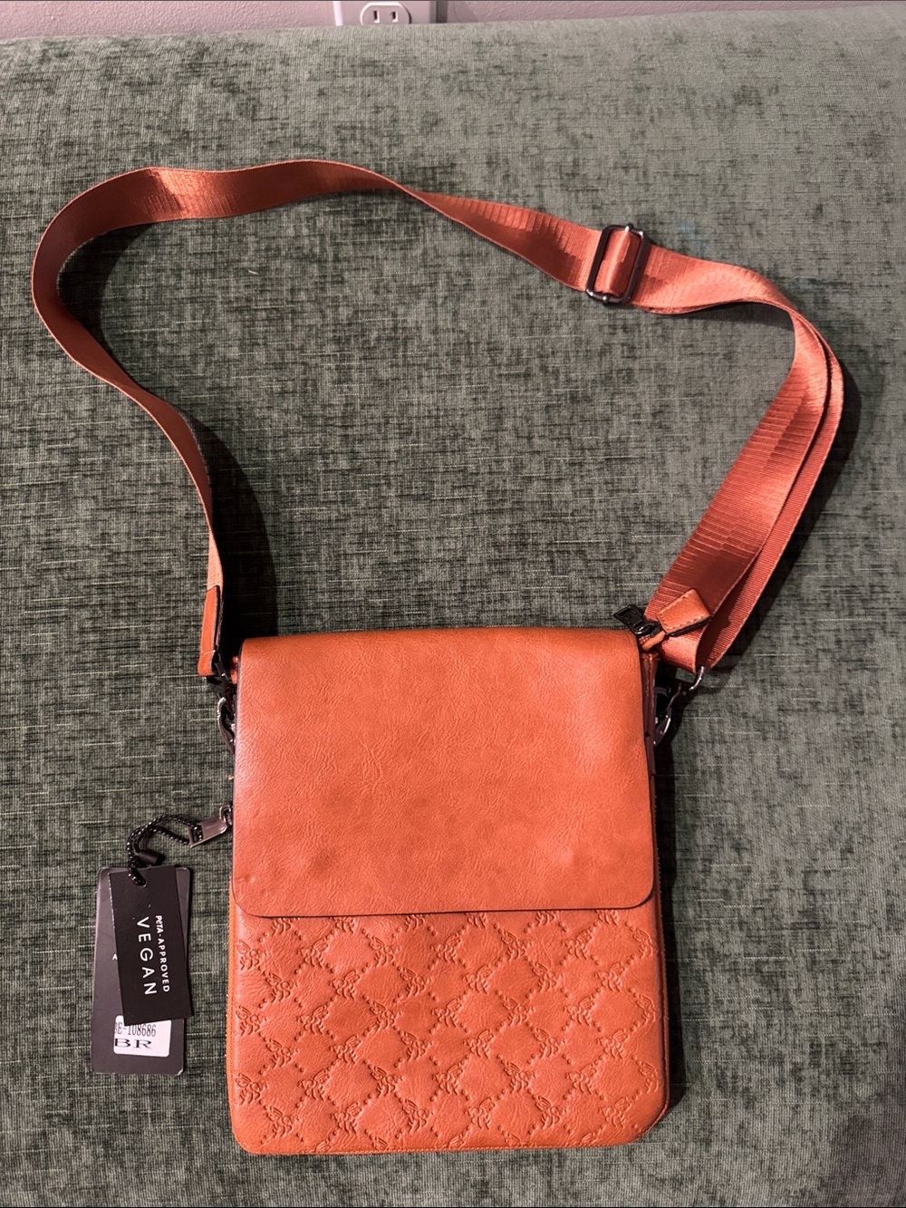 NWT PETA-Approved Vegan Leather Quilted Crossbody Bag - Orange Tan Messenger